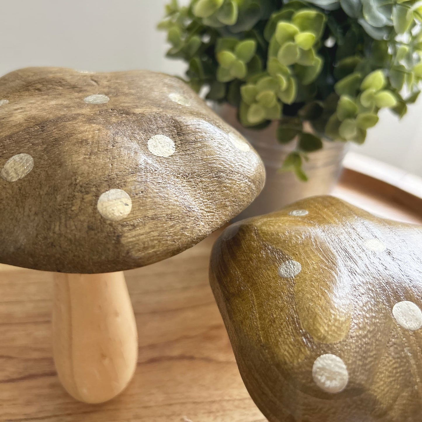 Dark Wood Mushroom Ornament with Gold Spots close up | Mellowdays Furniture