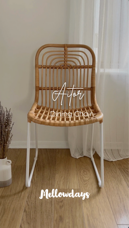 Video of Aitor rattan dining chair with white metal legs | Mellowdays Furniture