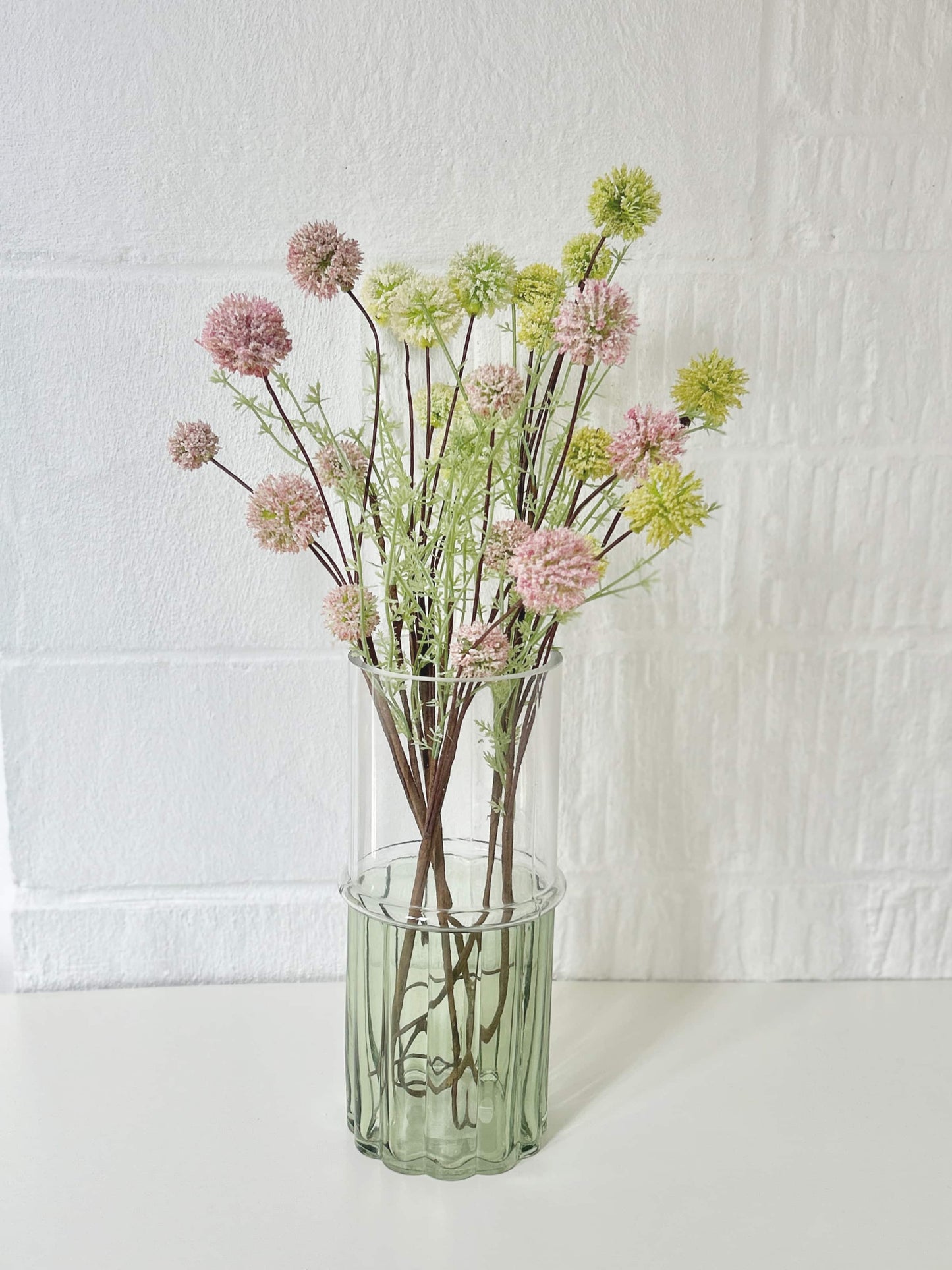 Two Tone Green & Clear Glass Cylinder Vase with flowers, 25cm | Mellowdays Furniture