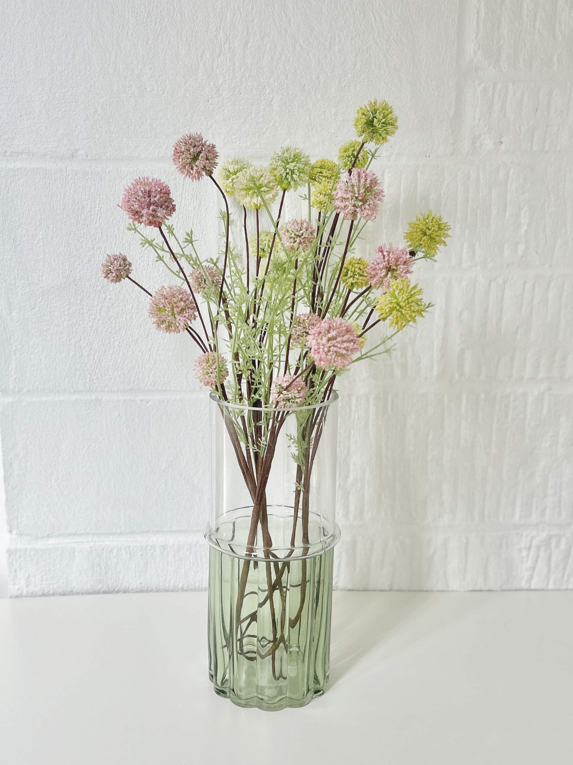 Two Tone Green & Clear Glass Cylinder Vase with flowers, 25cm | Mellowdays Furniture